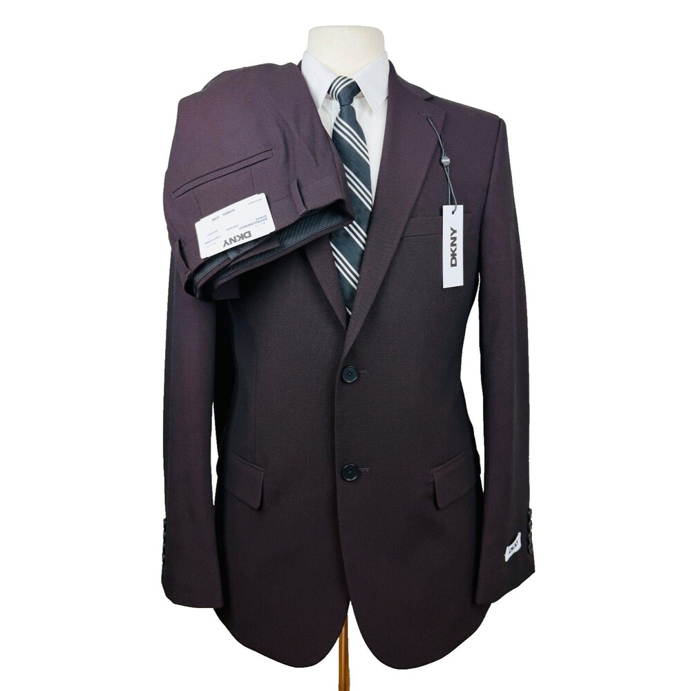 $395 NEW DKNY MENS 40R DARK BERRY SUPER SOFT 2 PIECE SUIT WITH DRESS PANTS 33X32
